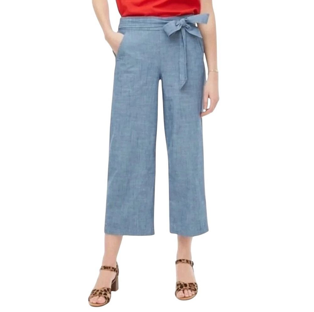J.CREW Wide Leg Crop Cotton Chambray Pants Tie Waist SIZE 8 Blue Preppy Classic